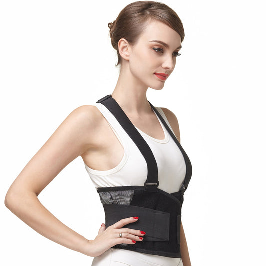NeoTech Care Back Brace with Suspenders/Shoulder Straps - Light & Breathable - Lumbar Support Belt for Lower Back Pain - Posture Work Gym - Black Color (Size L)