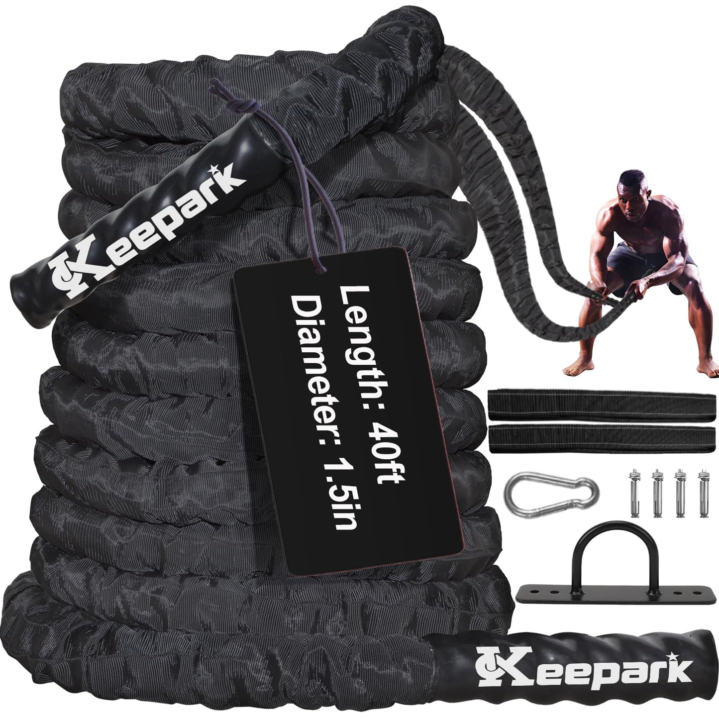 Battle Ropes for Home Gym Exercise: 1.5 Inch Diameter 40FT Length Workout Rope Exercise Rope Training Ropes with Protective Sleeve Heavy Battle Rope For Workout Exercise Fitness & Strength Training