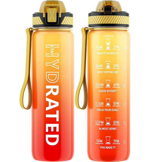 QLUR Water Bottle with Straw 32oz Motivational Water Bottles with Time Marker to Drink Tritan BPA Free 1L Sports Water Bottle with Carry Strap LeakProof for Women Gym Fitness Outdoor (1 Pack)